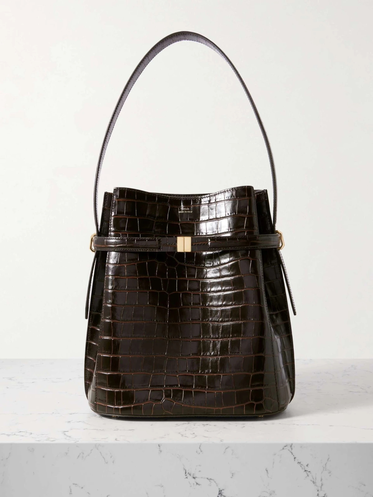 Belted croc-effect leather tote