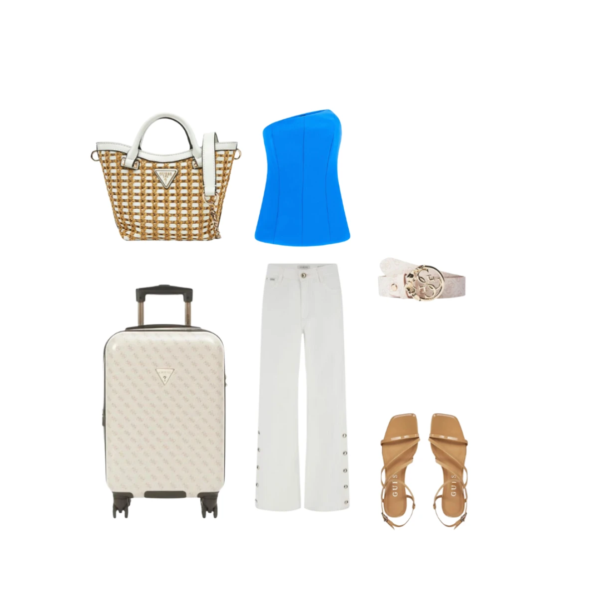 pletena torbica - 135€. Ženski kofer s kotačićima - 185€. Ženske traperice s gumbima na nogavicama - 52€. Marciano korzet - 84€. Sandale s tankim remenima - 75€. monogram remen - 65€.