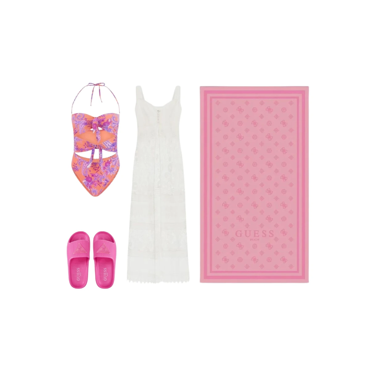 jednodijelni kupaći - 130€. proznirna haljina od čipke - 95€. ručnik za plažu - 90€. papuče - 40€.