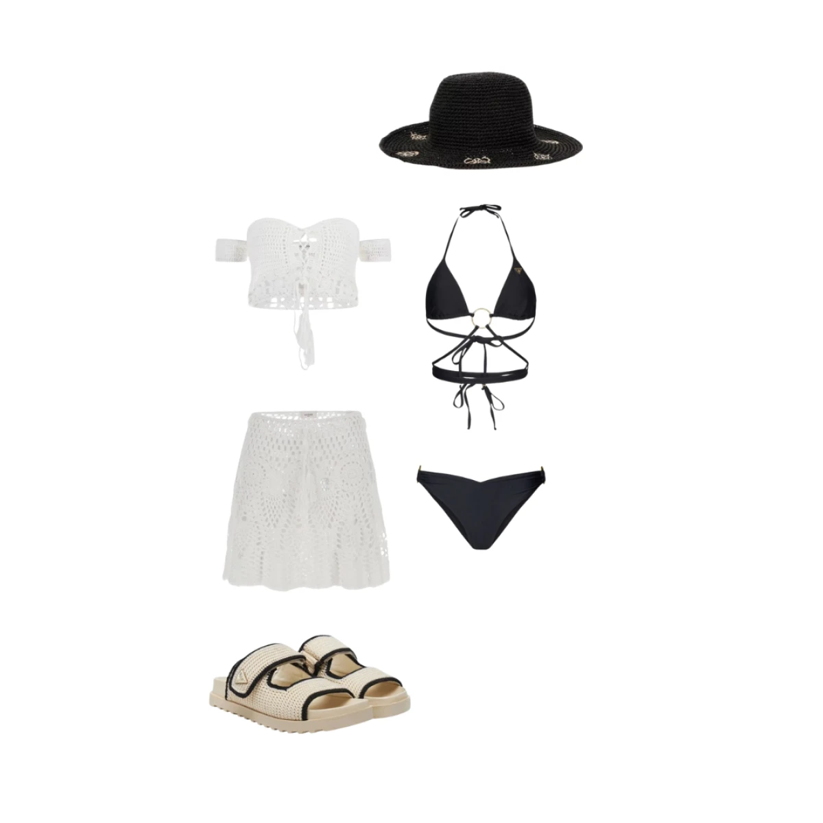 heklani top - 55€. mini suknja - 60€. pletene papuče - 125€. šešir - 45€. kupaći s vezanjem oko stgruka - 24€. brazil kupaći - 30€.