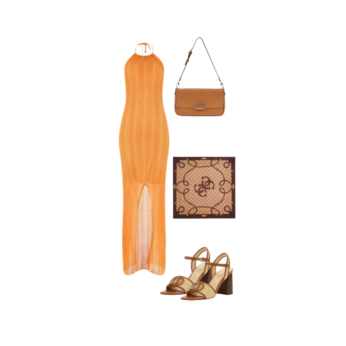 rupočasta ljetna haljina - 80€. preklopna torbica - 135€. marama - 55€. bež sandale - 165€.